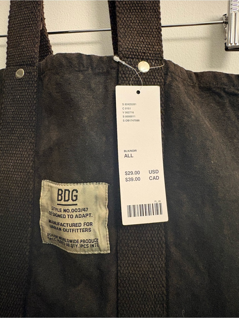 NWT Urban Outfitters BDG Washed Black Canvas Tote / Large Carryall - Picture 2 of 10